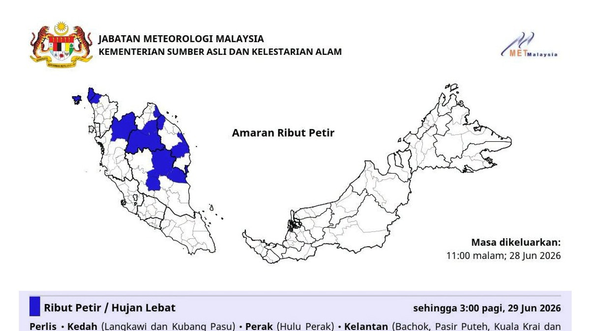 MetMalaysia Warns of Severe Weather Across Northern and East Coast States Until Early Morning