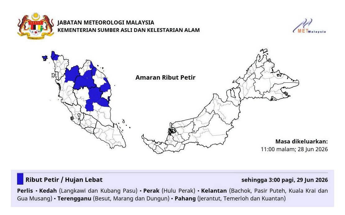 MetMalaysia Warns of Severe Weather Across Northern and East Coast States Until Early Morning
