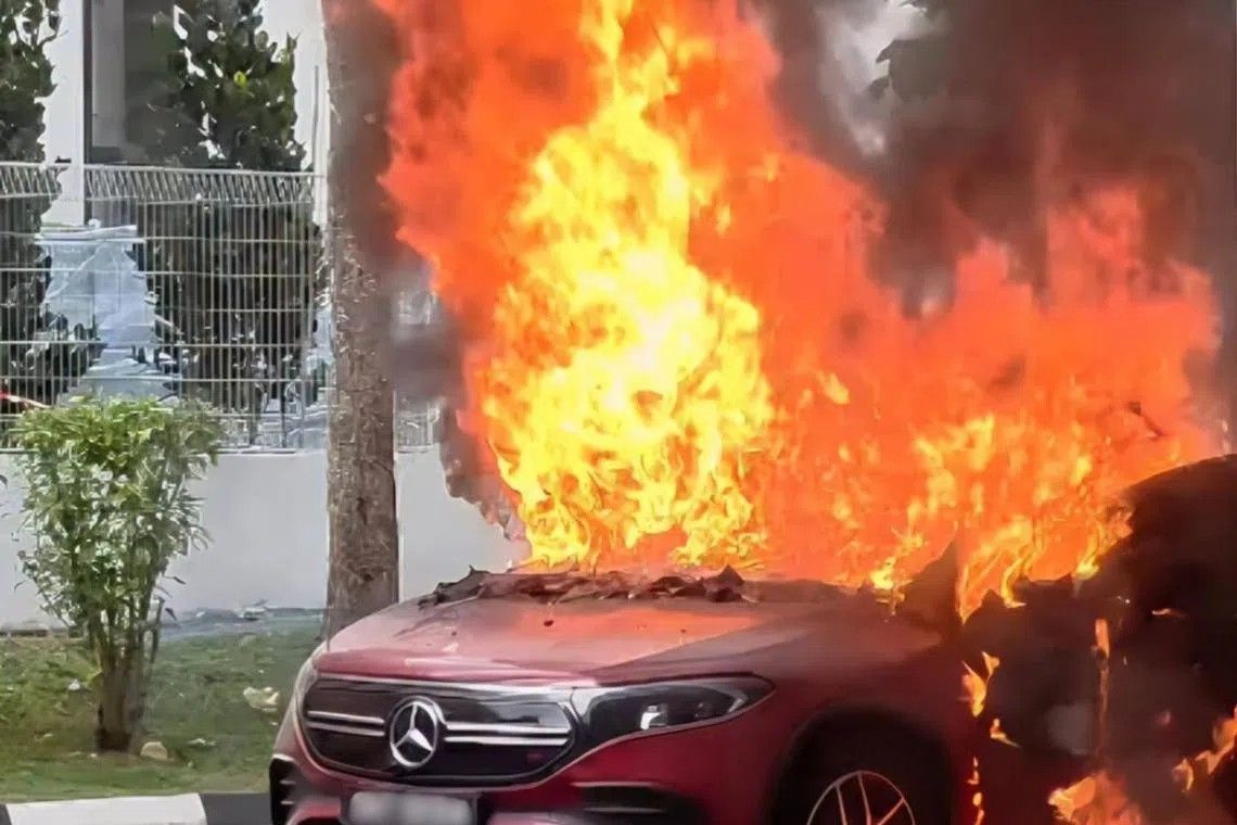 Electric vehicle erupts in flames at Woodlands carpark; battery suspected as source